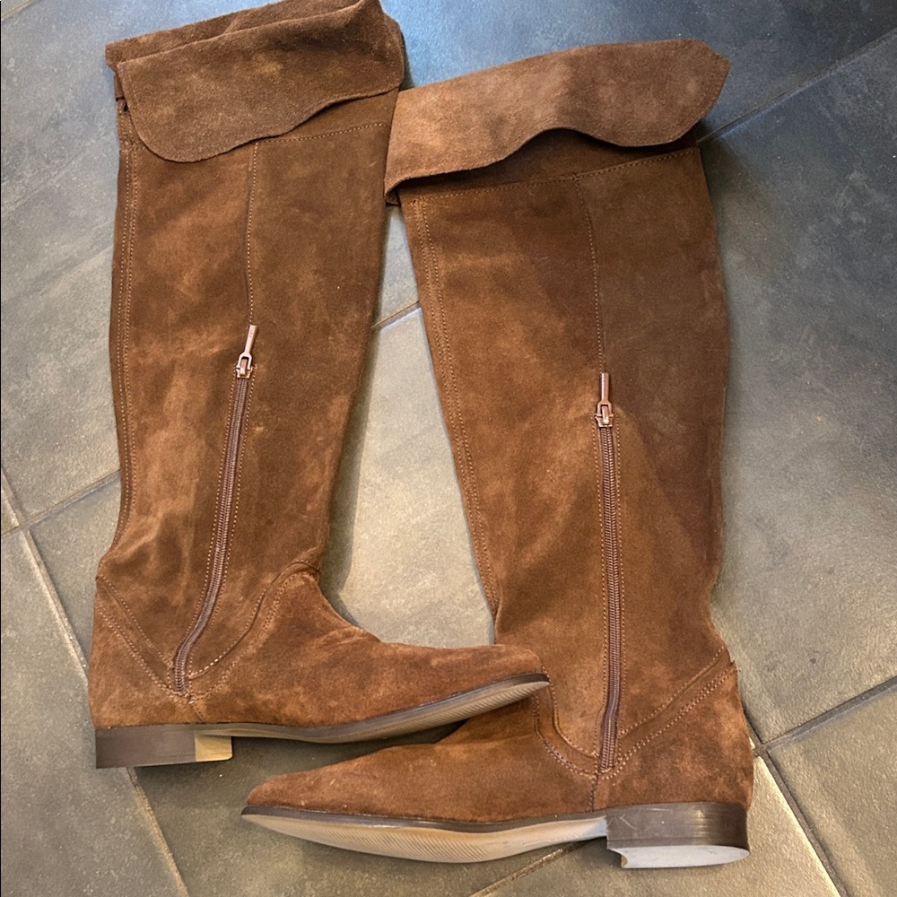 Zara Brown Suede Over-the-Knee Boots with Side Zipper